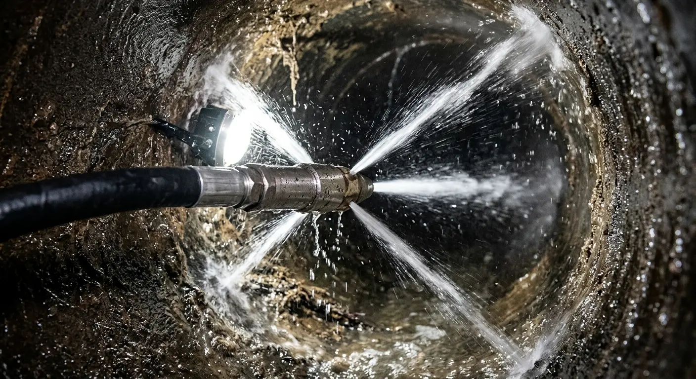 High-pressure hydro jetting nozzle cleaning sewer pipe for Sewer Cleanout in Fridley
