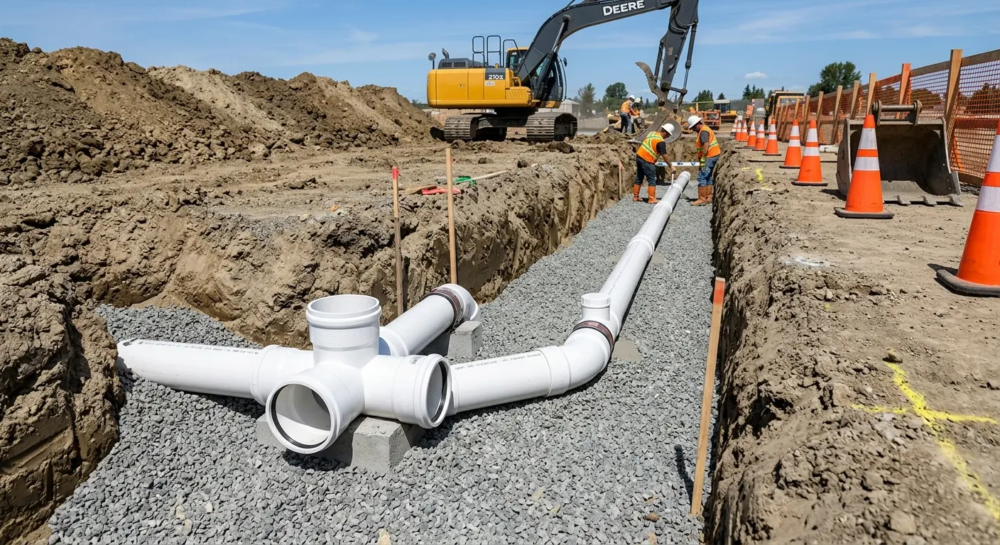New PVC sewer pipe installation in open trench for Grease Trap Cleaning in Fridley