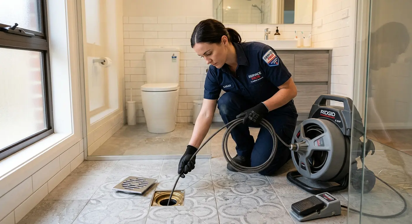 Technician clearing a bathroom floor drain for Drain Cleaning in Fridley